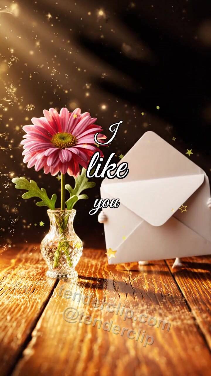Animated greeting card about I like you: shy envelope hides behind a flower