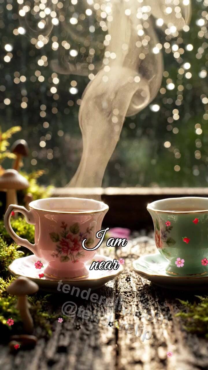 Animated greeting card about I am near: two cups meet by a rainy window