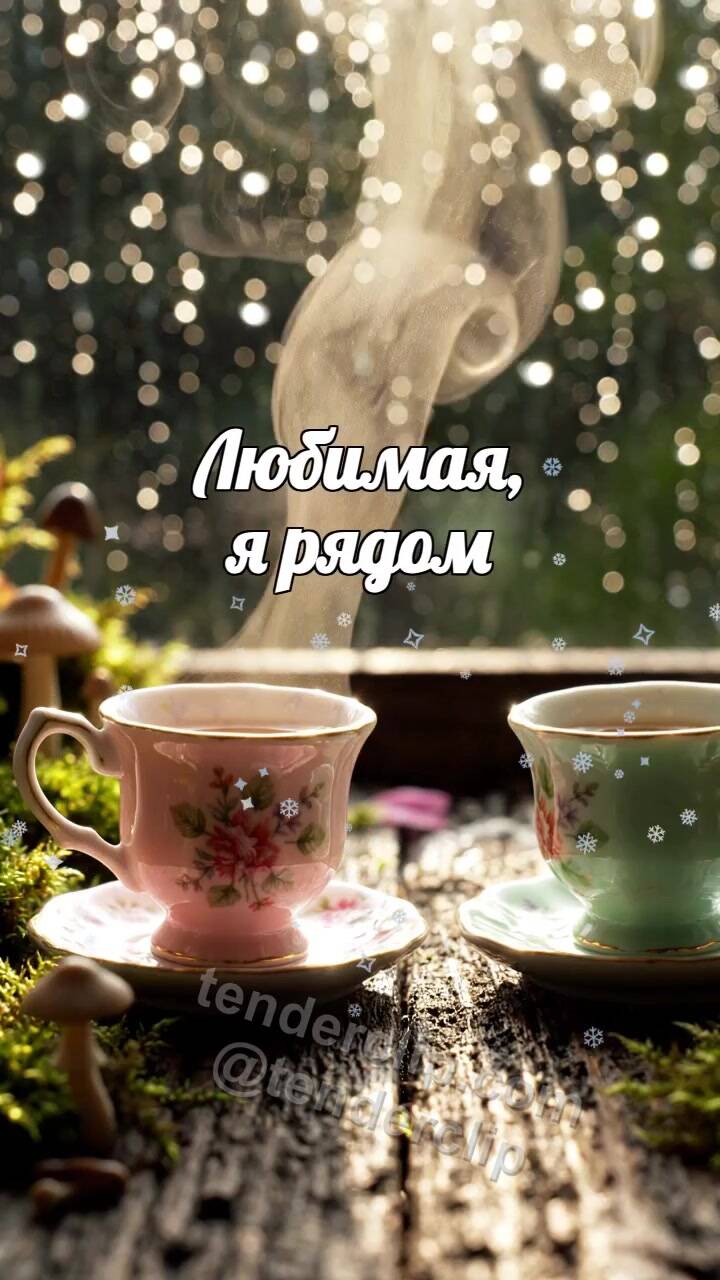 Анимационная открытка на тему Любимая, я рядом: две чашки встречаются у дождливого окна