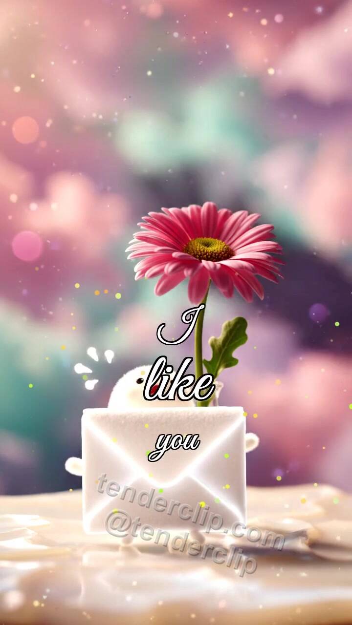 Animated greeting card about I like you: shy envelope hides behind a flower