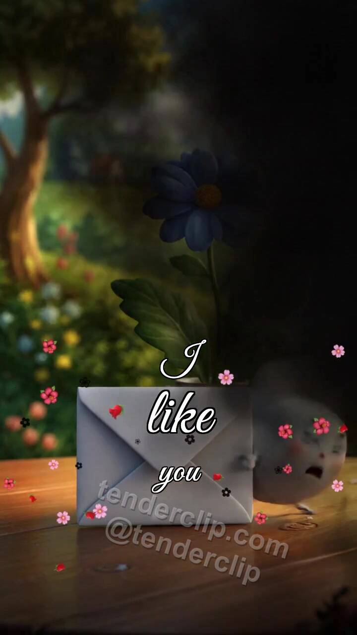Animated greeting card about I like you: shy envelope hides behind a flower