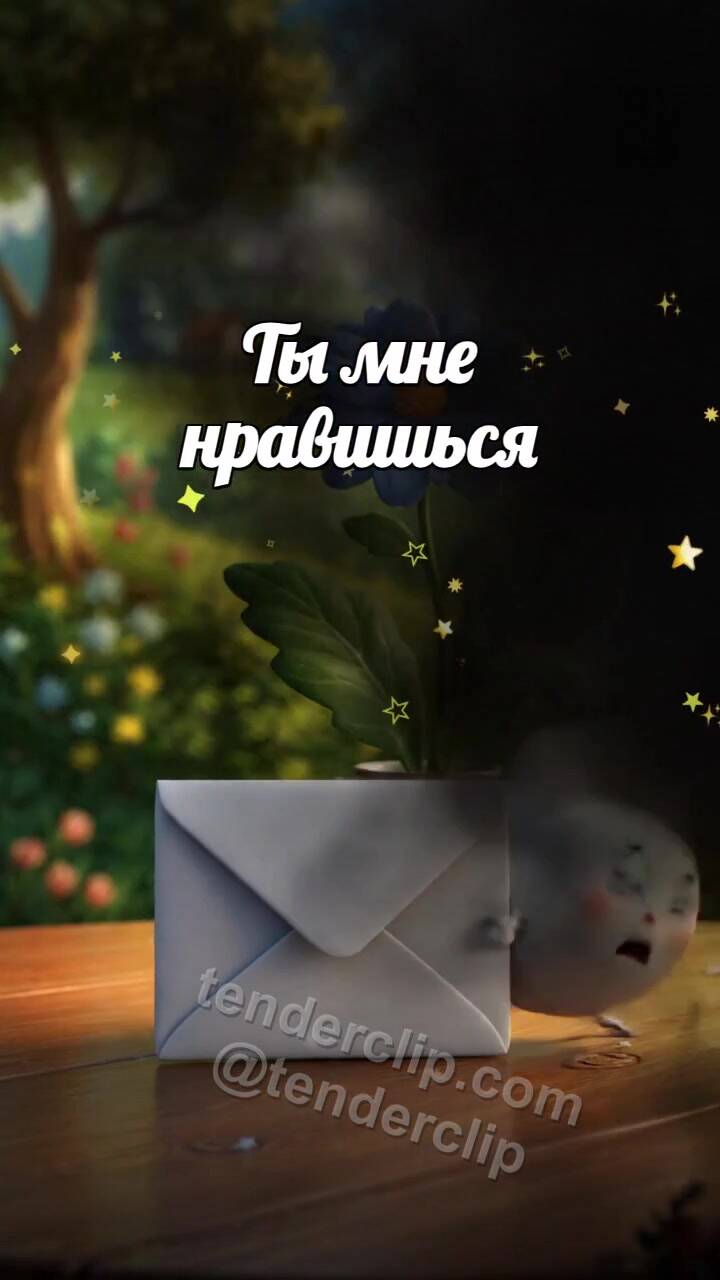 Анимационная открытка на тему Ты мне нравишься: робкий конверт прячется за цветком