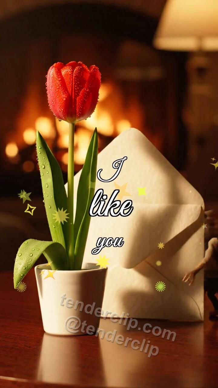 Animated greeting card about I like you: shy envelope hides behind a flower