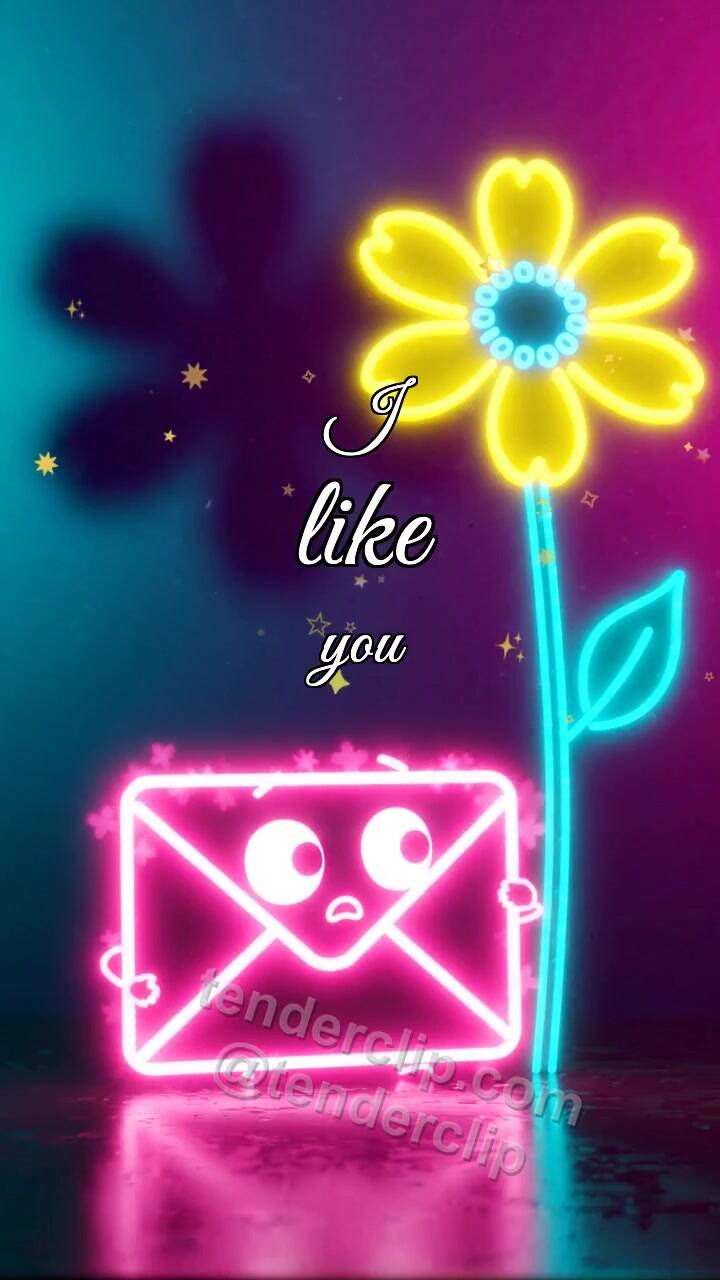 Animated greeting card about I like you: shy envelope hides behind a flower