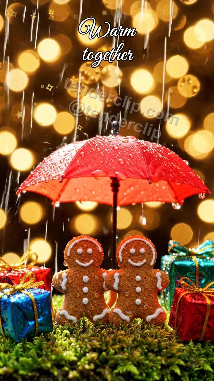 Animated greeting card about Warm together: umbrella shelters two