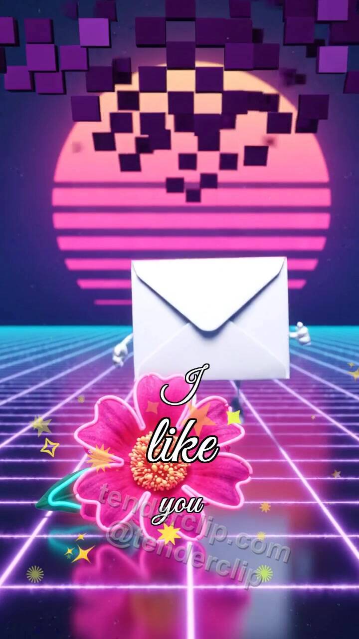 Animated greeting card about I like you: shy envelope hides behind a flower