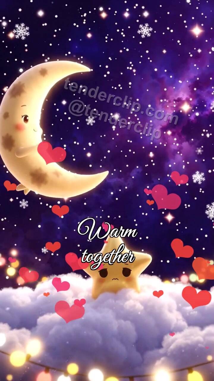Animated greeting card about Warm together: moon lifts a star