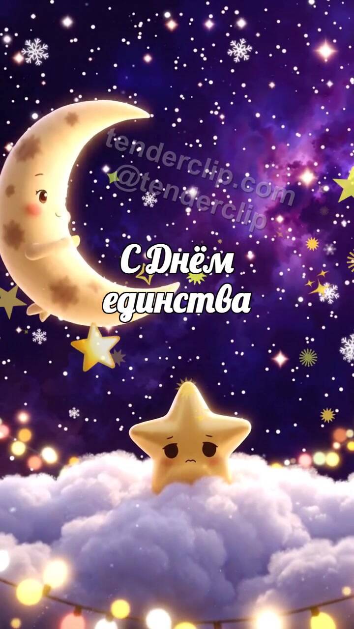 Анимационная открытка на тему С Днём единства: луна поднимает звезду