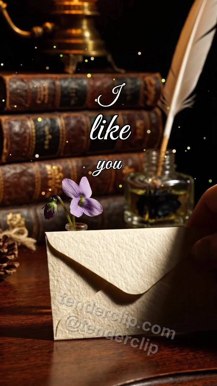 Animated greeting card about I like you: shy envelope hides behind a flower