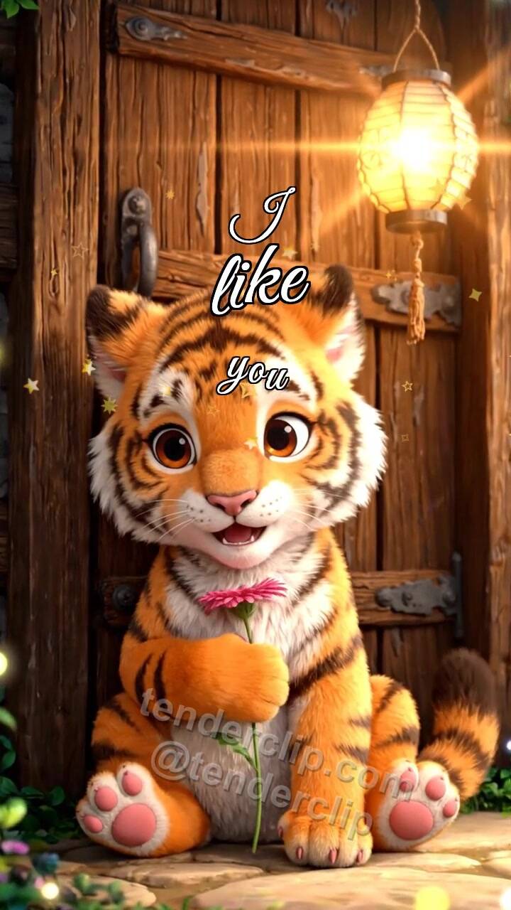 Animated greeting card about I like you: tiger cub gets shy with a lantern