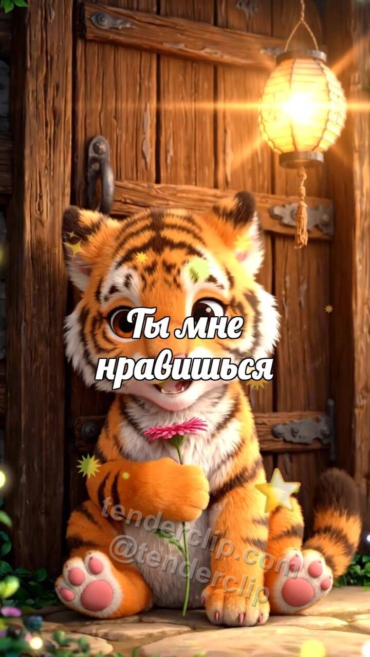 Анимационная открытка на тему Ты мне нравишься: тигрёнок смущается с фонариком