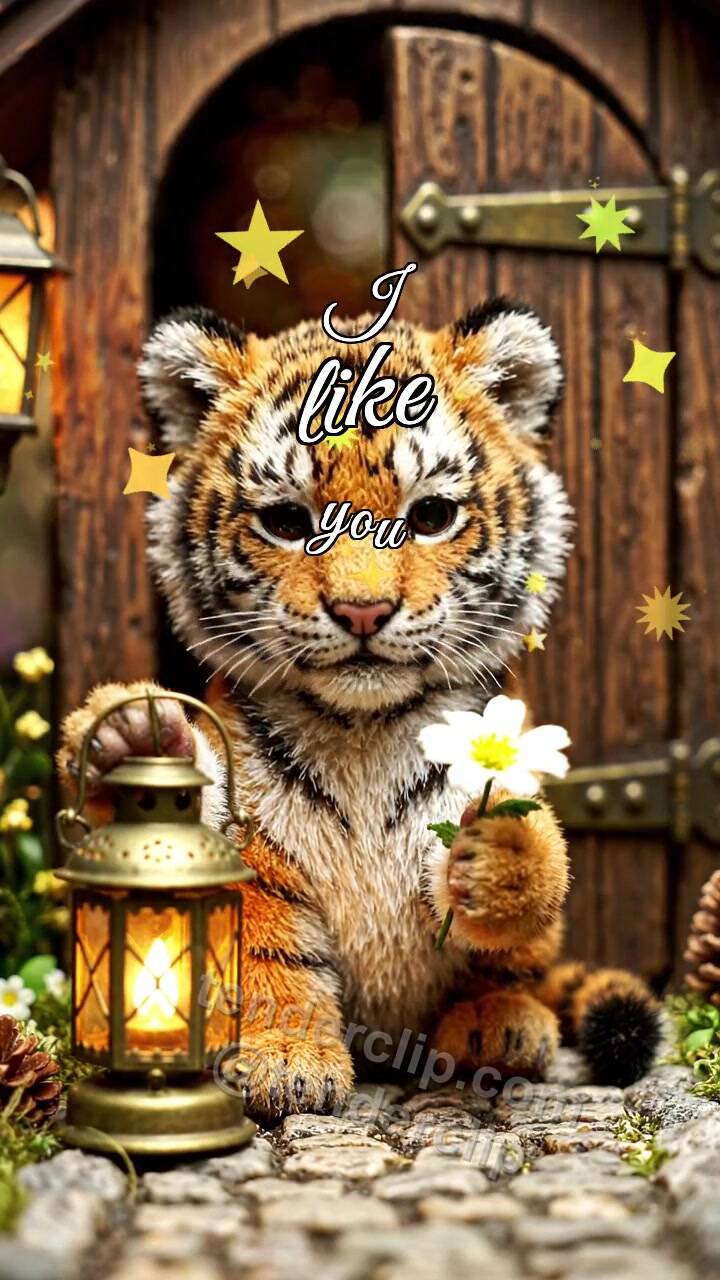 Animated greeting card about I like you: tiger cub gets shy with a lantern