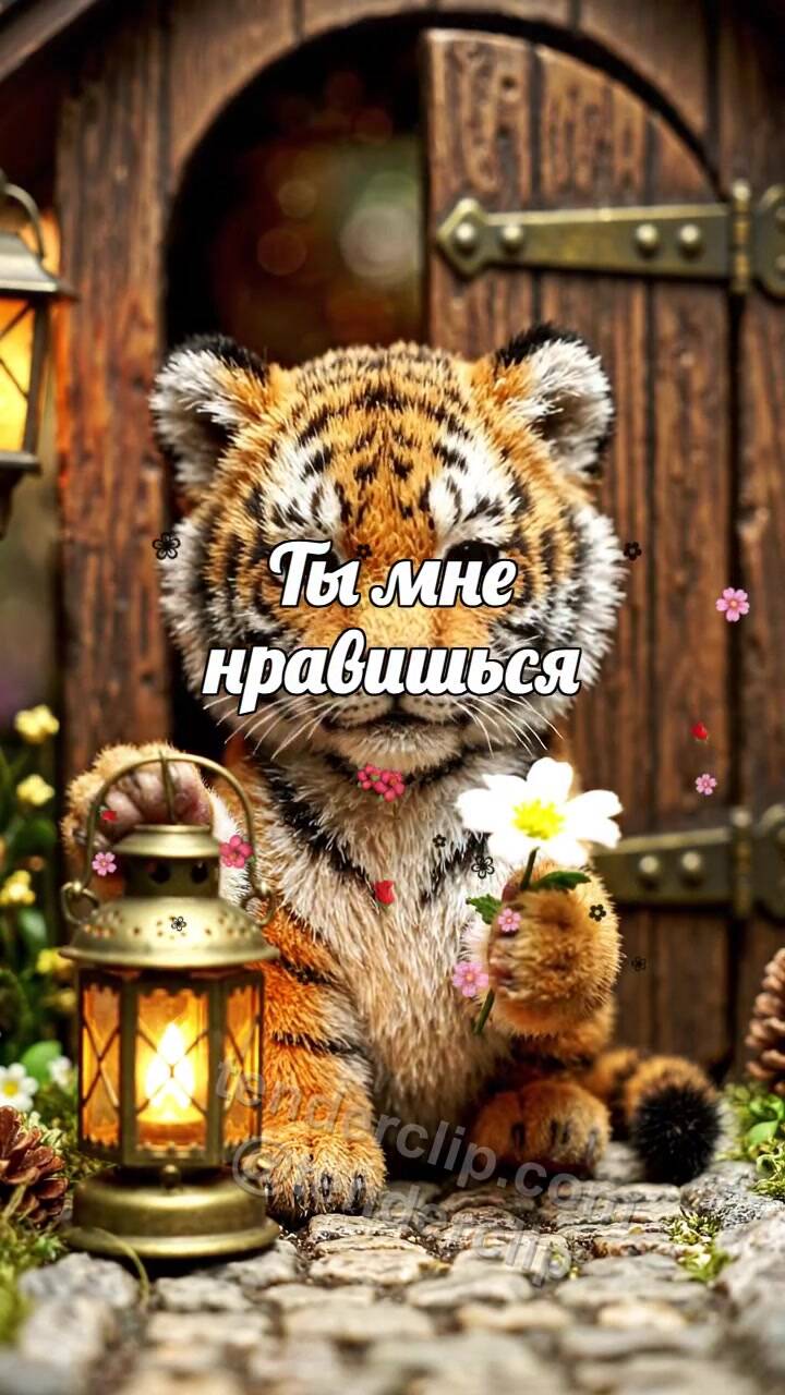 Анимационная открытка на тему Ты мне нравишься: тигрёнок смущается с фонариком