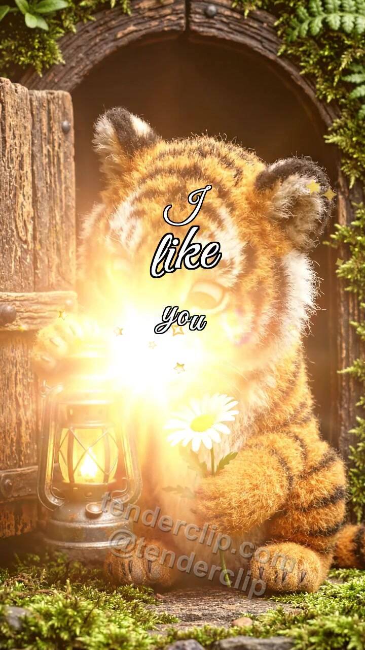 Animated greeting card about I like you: tiger cub gets shy with a lantern