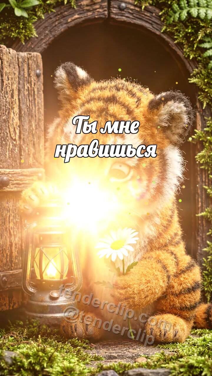 Анимационная открытка на тему Ты мне нравишься: тигрёнок смущается с фонариком