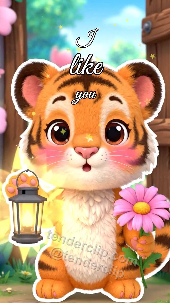 Animated greeting card about I like you: tiger cub gets shy with a lantern