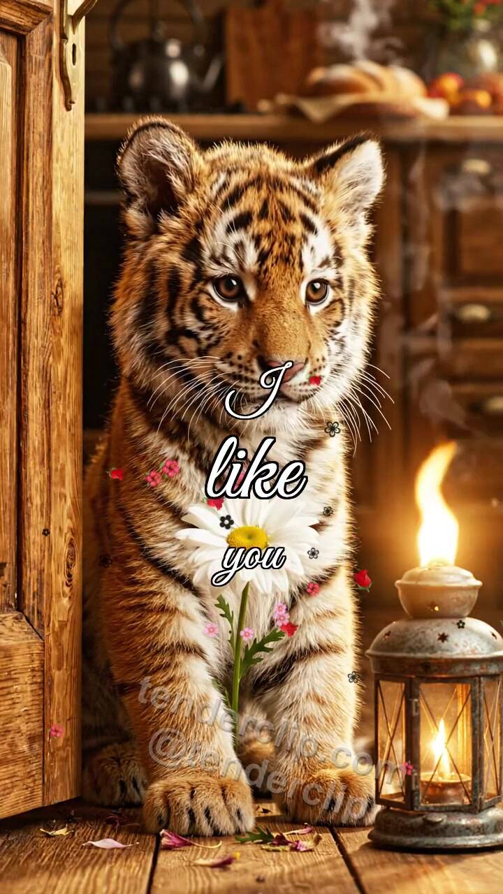 Animated greeting card about I like you: tiger cub gets shy with a lantern