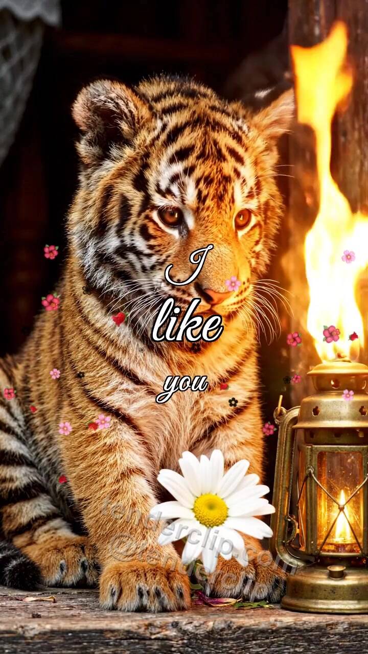 Animated greeting card about I like you: tiger cub gets shy with a lantern