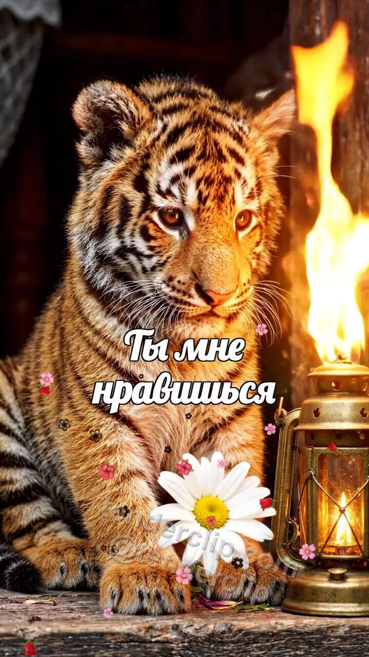 Анимационная открытка на тему Ты мне нравишься: тигрёнок смущается с фонариком