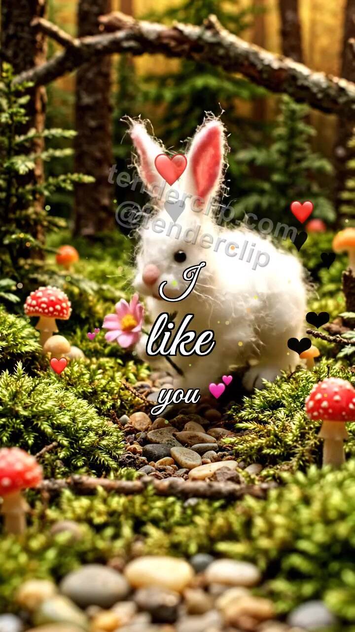 Animated greeting card about I like you: bunny offers a flower