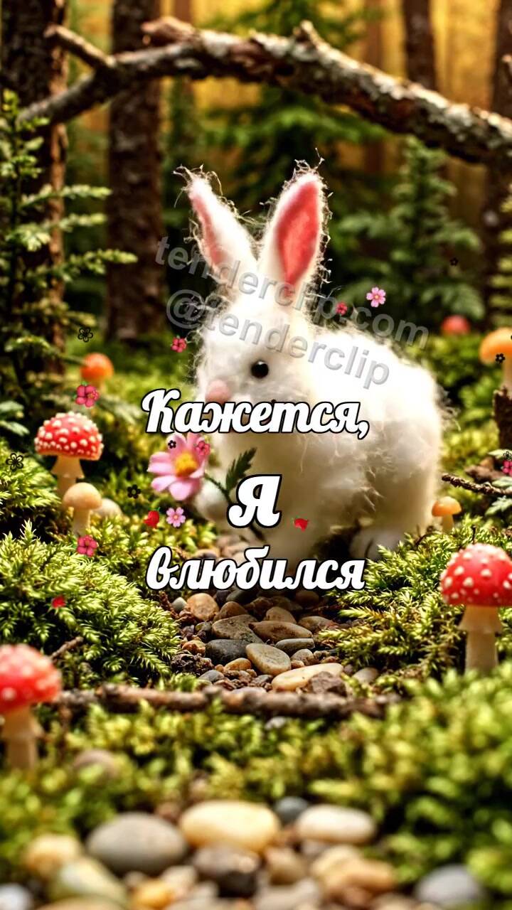 Анимационная открытка на тему Кажется, я влюбился: зайчик протягивает цветок