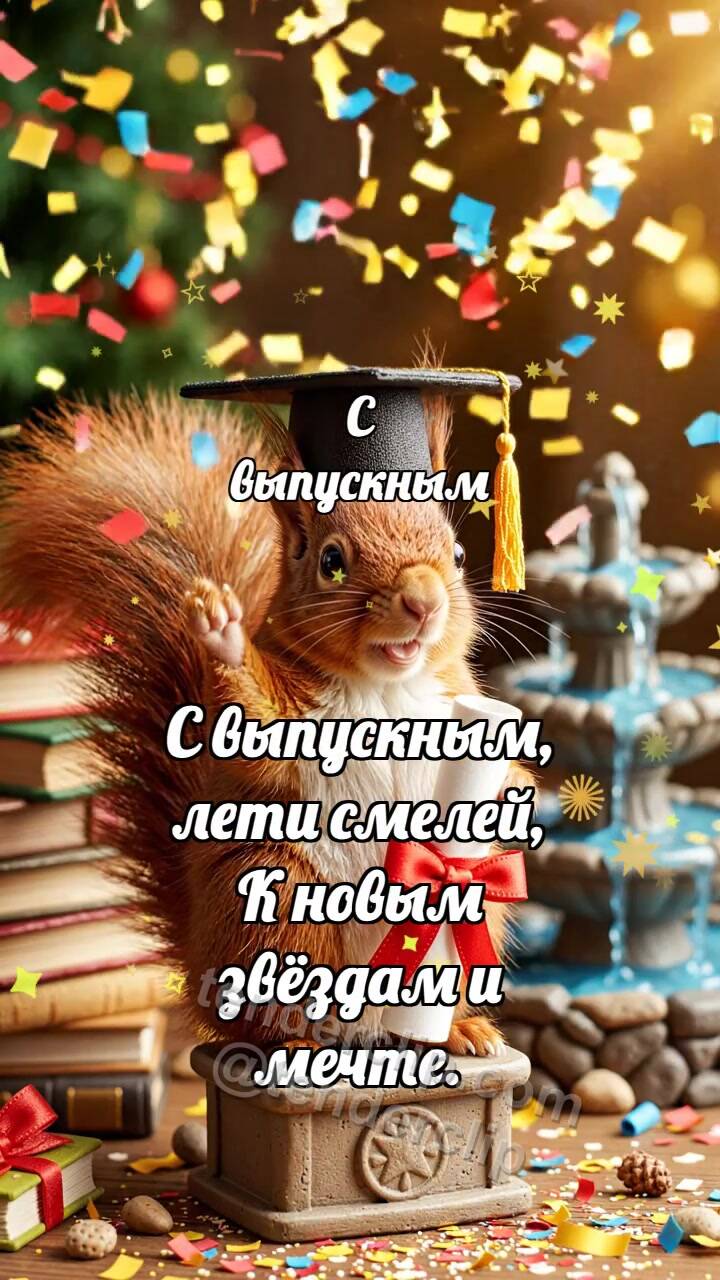 Анимационная открытка на тему С выпускным: Белочка держит диплом