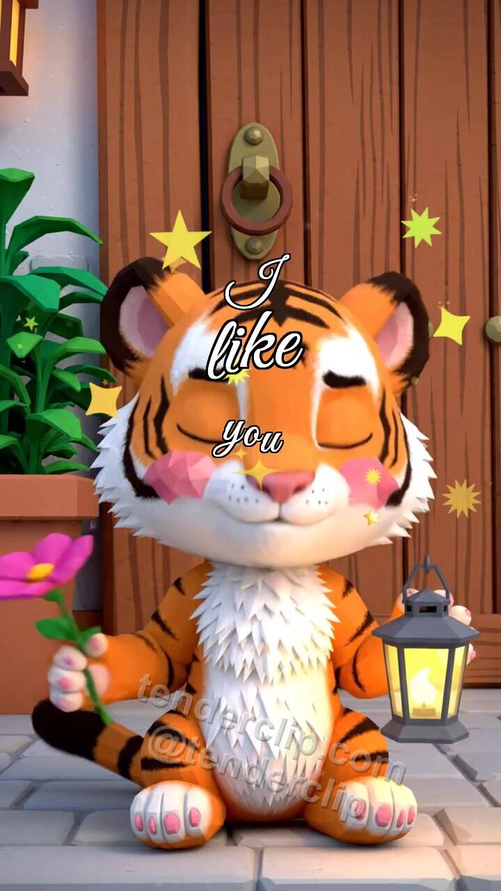 Animated greeting card about I like you: tiger cub gets shy with a lantern