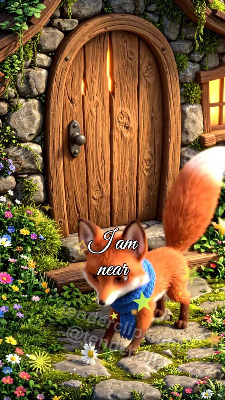 Animated greeting card about I am near: fox cub brings a flower to the door