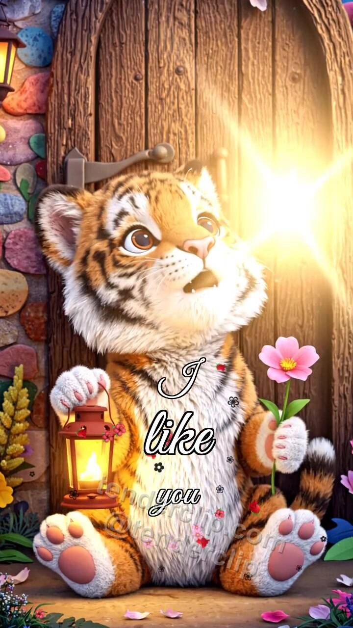 Animated greeting card about I like you: tiger cub gets shy with a lantern