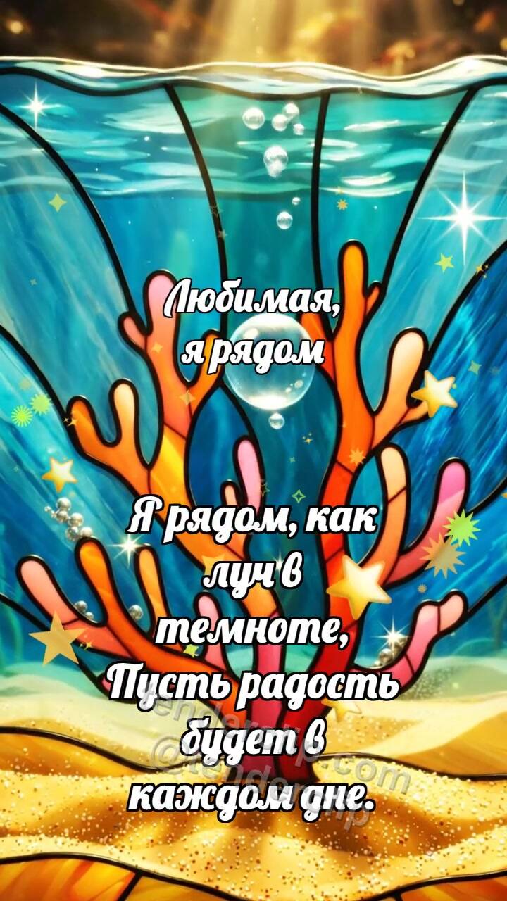 Анимационная открытка на тему Любимая, я рядом: Коралл держит пузырёк