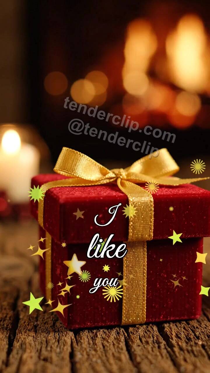 Animated greeting card about I like you: gift box shyly opens