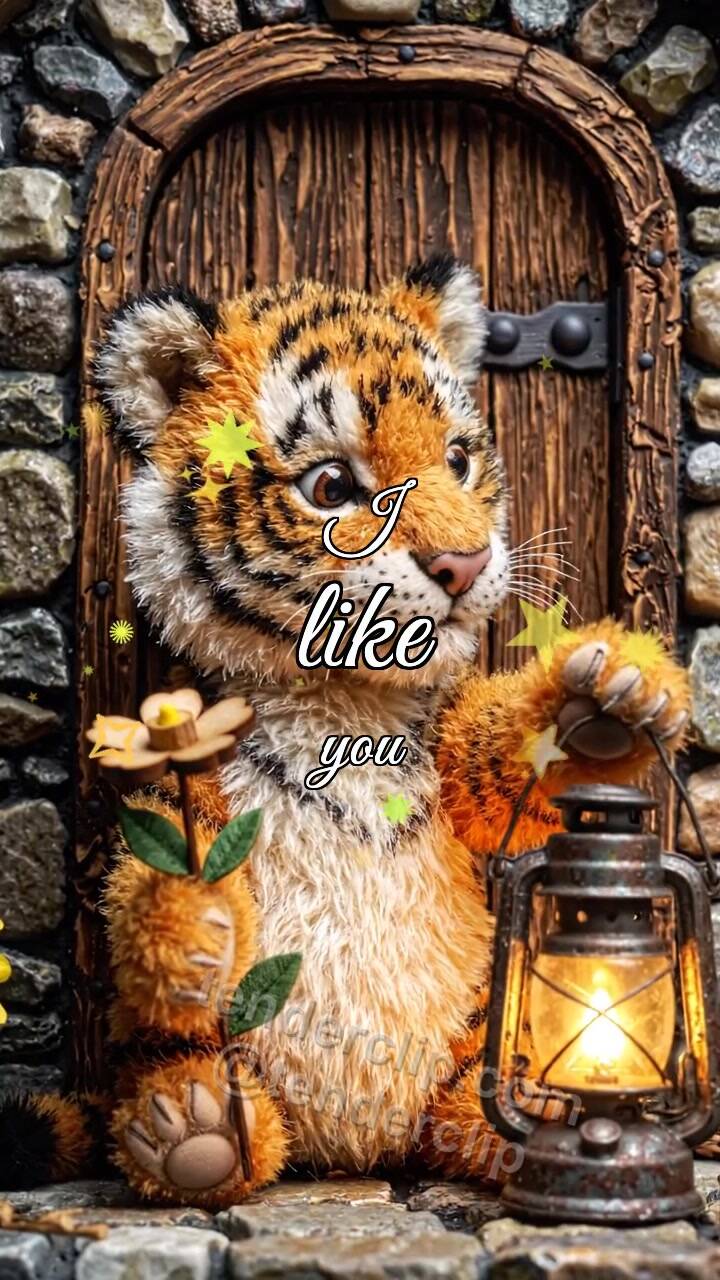 Animated greeting card about I like you: tiger cub gets shy with a lantern