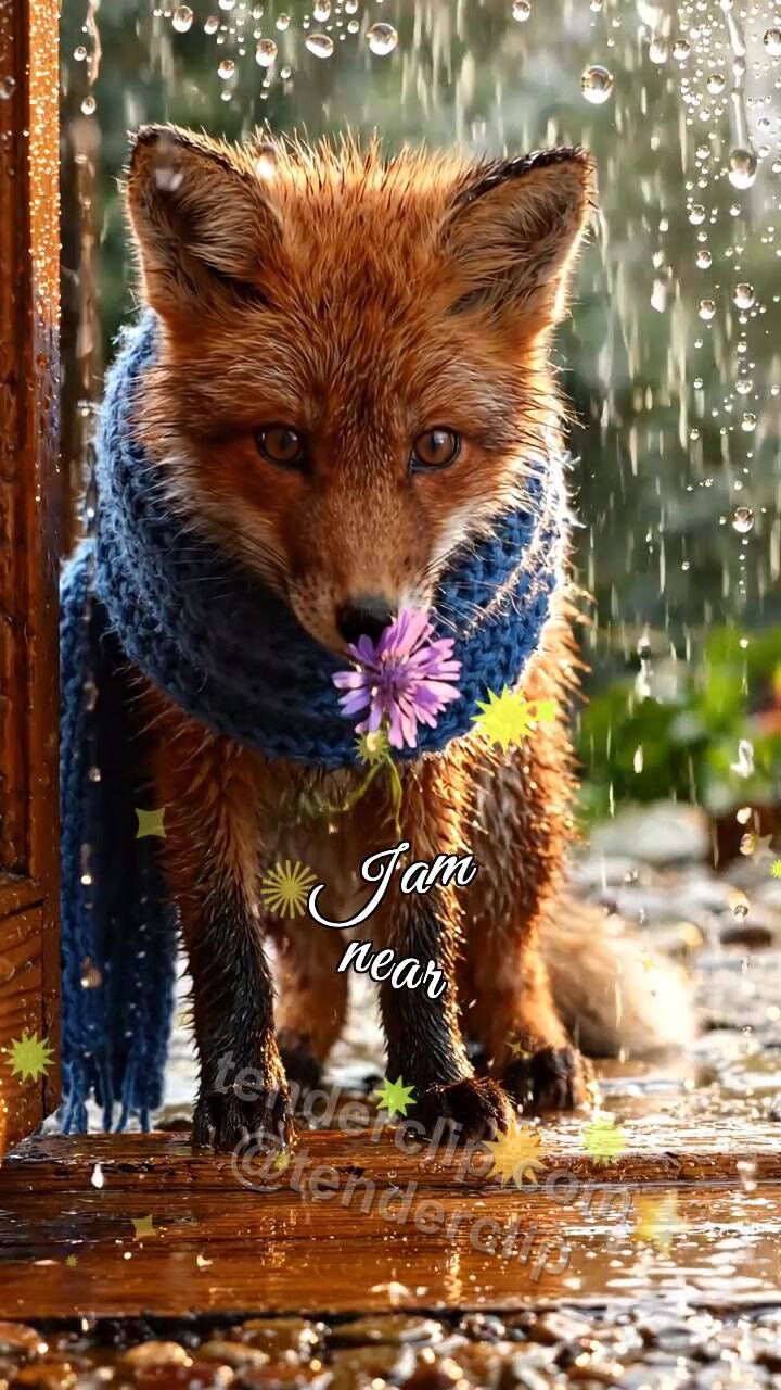 Animated greeting card about I am near: fox cub brings a flower to the door
