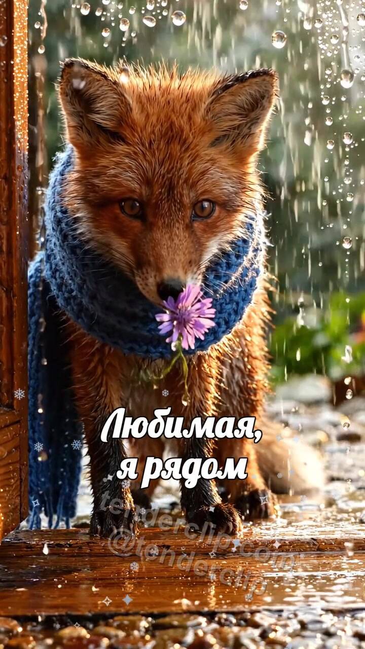 Анимационная открытка на тему Любимая, я рядом: лисёнок приносит цветок к двери