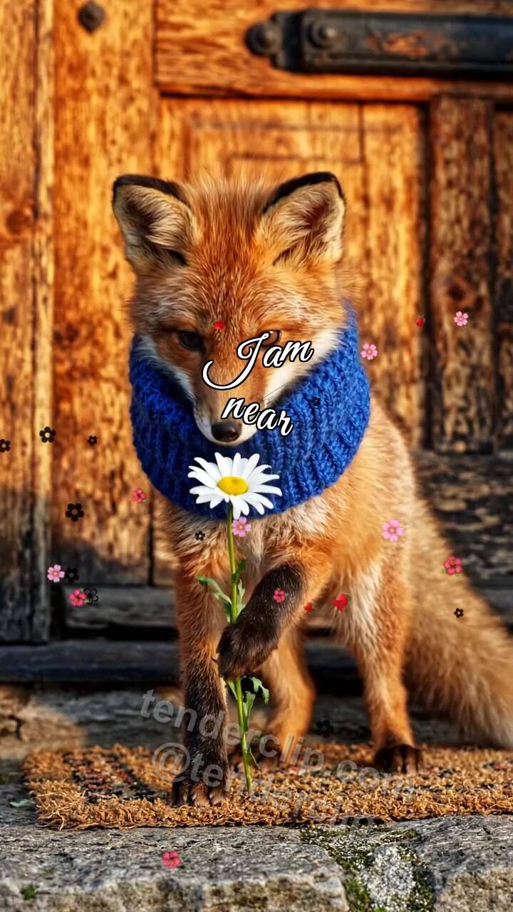 Animated greeting card about I am near: fox cub brings a flower to the door