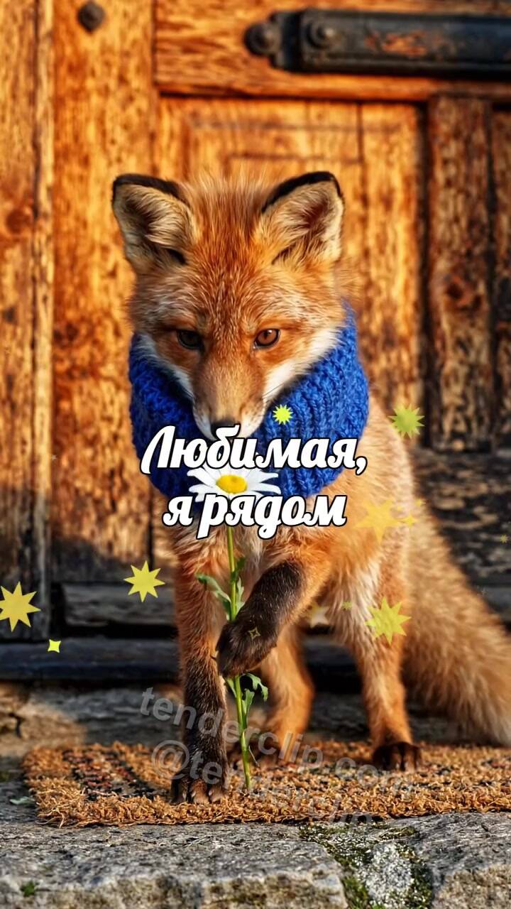 Анимационная открытка на тему Любимая, я рядом: лисёнок приносит цветок к двери