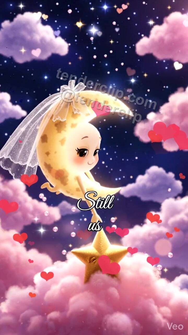 Animated greeting card about Still us: moon lifts a star