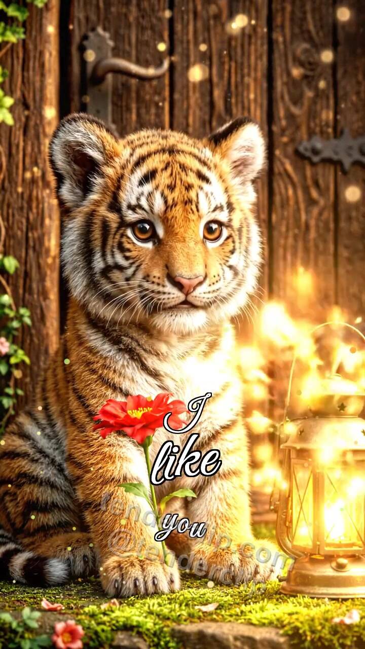 Animated greeting card about I like you: tiger cub gets shy with a lantern
