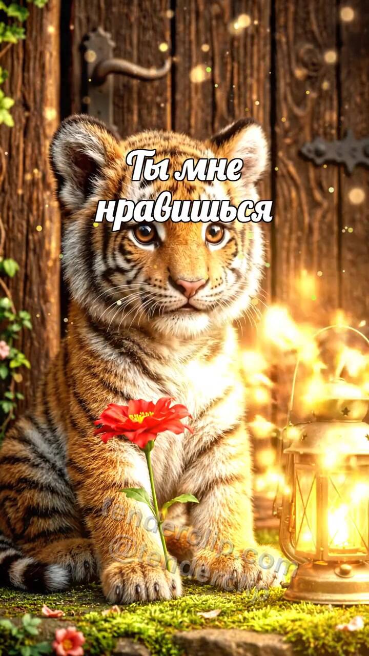 Анимационная открытка на тему Ты мне нравишься: тигрёнок смущается с фонариком