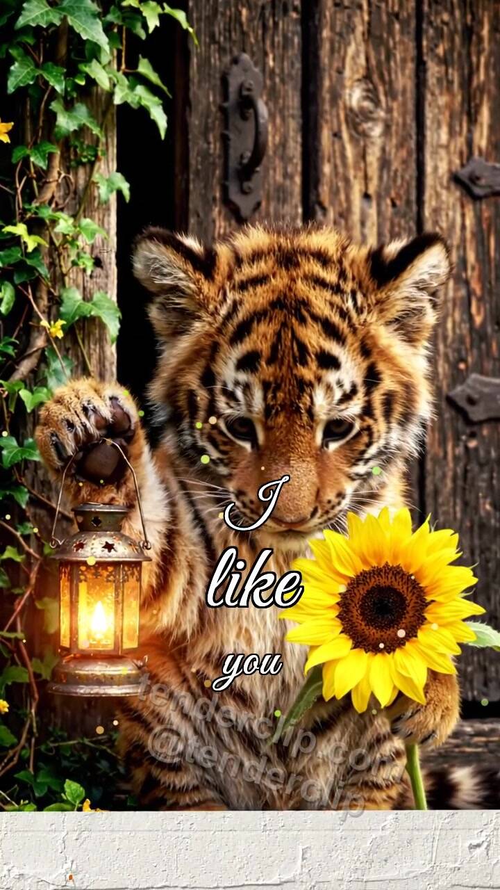 Animated greeting card about I like you: tiger cub gets shy with a lantern