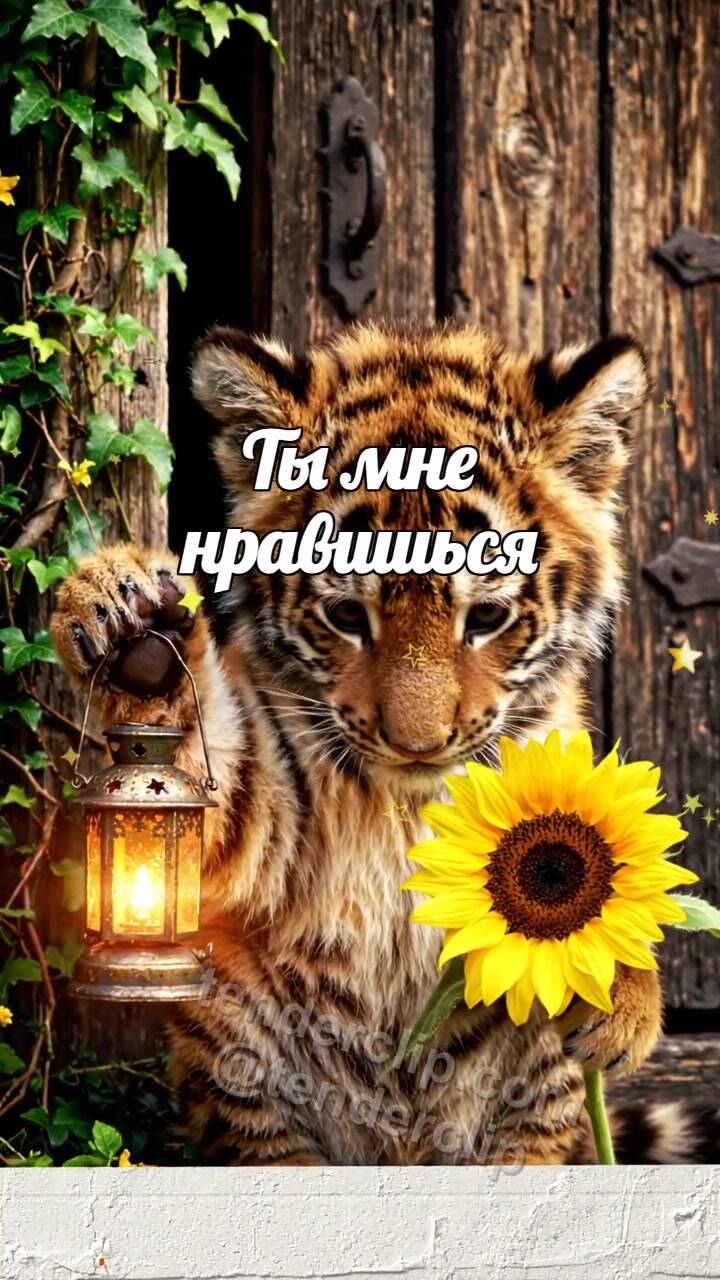 Анимационная открытка на тему Ты мне нравишься: тигрёнок смущается с фонариком