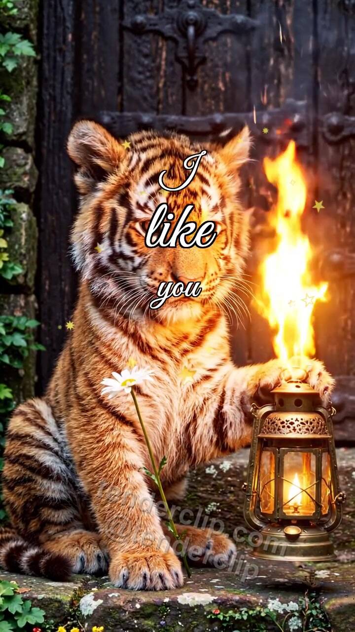 Animated greeting card about I like you: tiger cub gets shy with a lantern