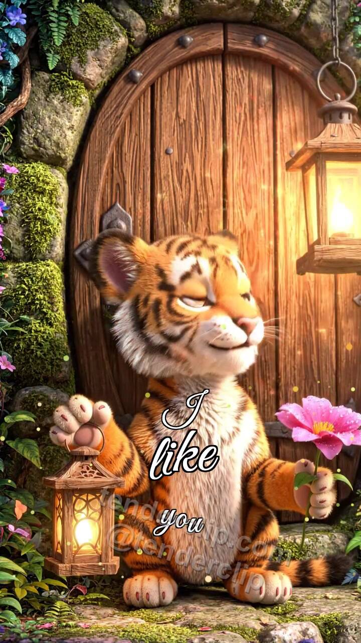 Animated greeting card about I like you: tiger cub gets shy with a lantern