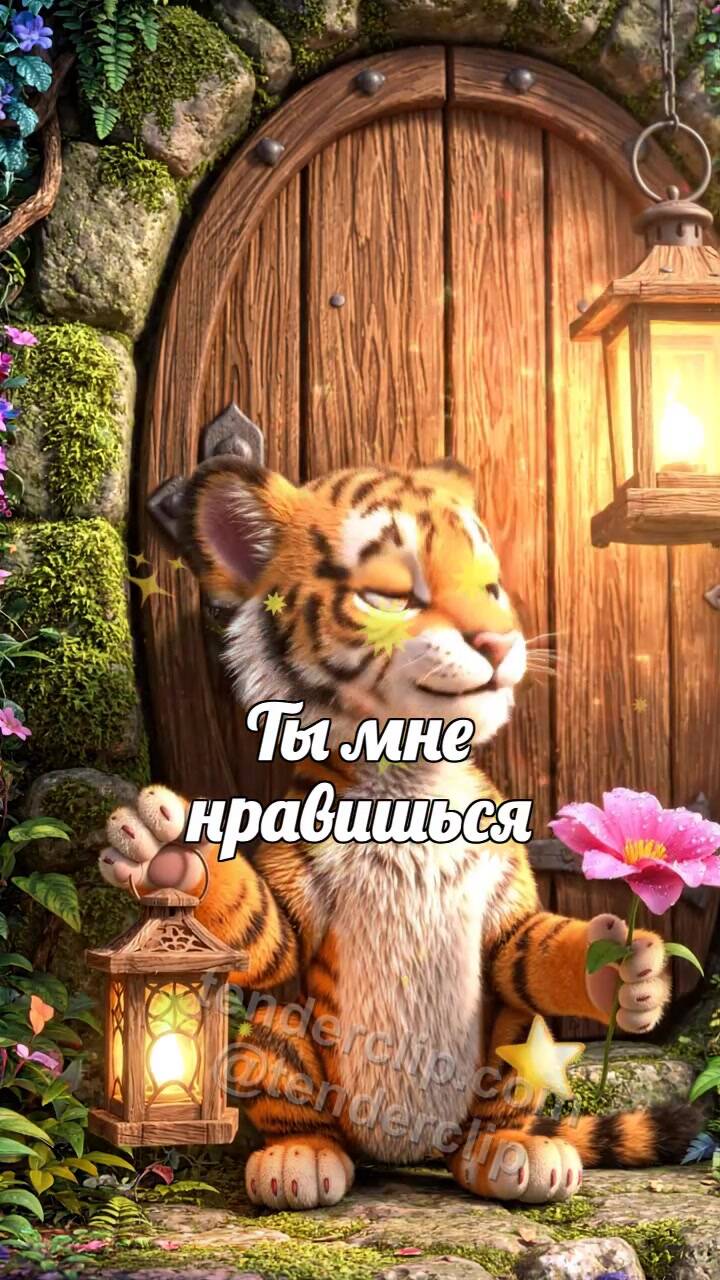 Анимационная открытка на тему Ты мне нравишься: тигрёнок смущается с фонариком