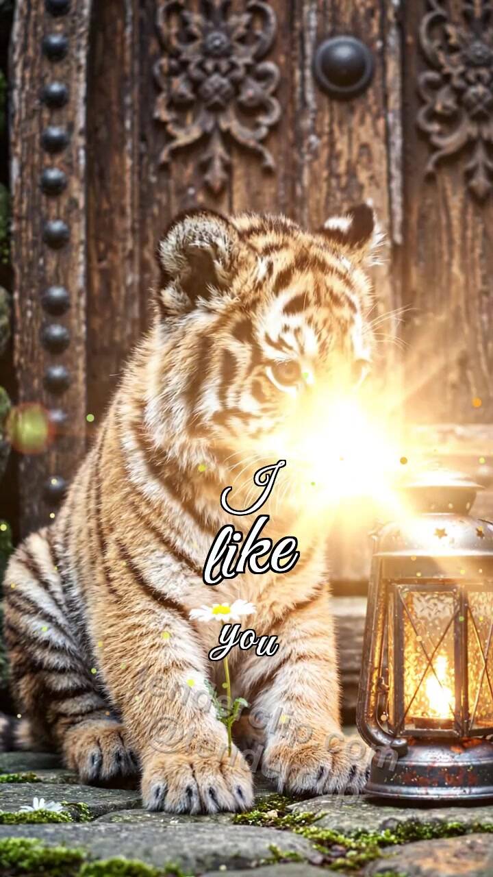 Animated greeting card about I like you: tiger cub gets shy with a lantern