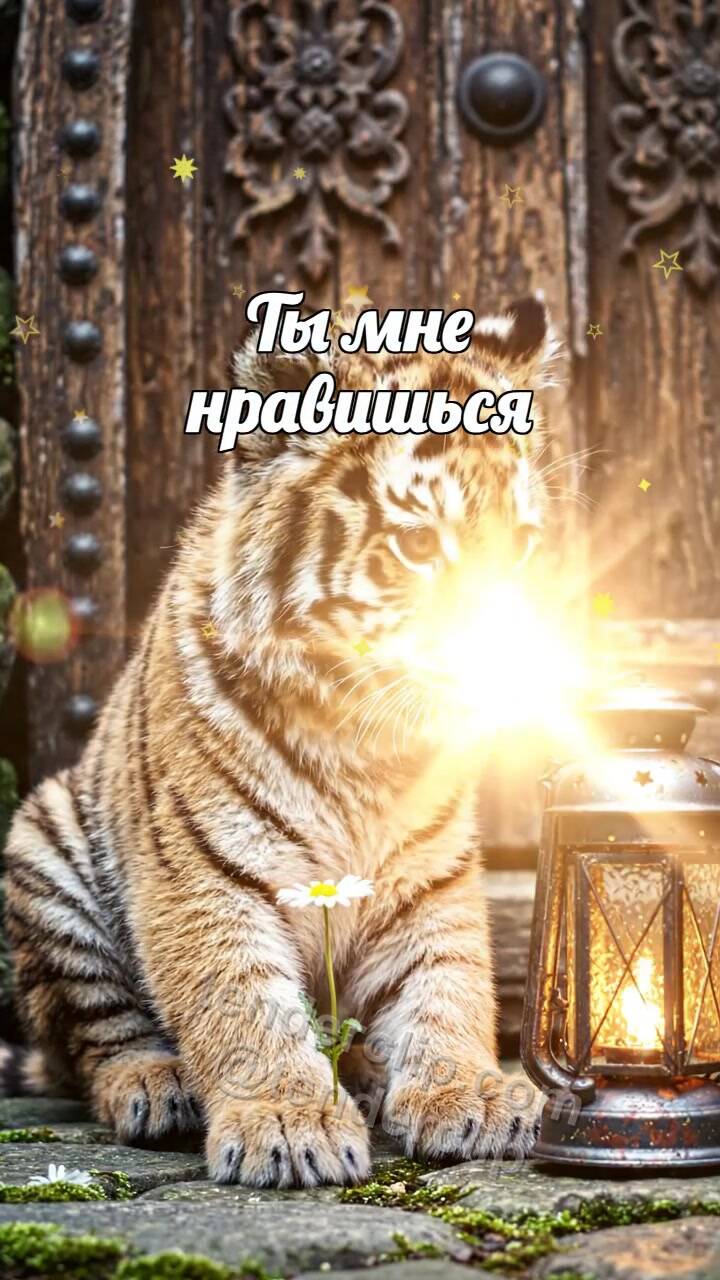 Анимационная открытка на тему Ты мне нравишься: тигрёнок смущается с фонариком