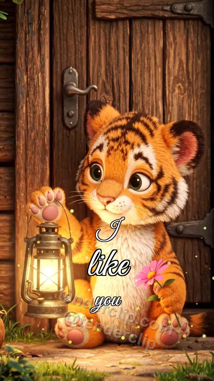 Animated greeting card about I like you: tiger cub gets shy with a lantern
