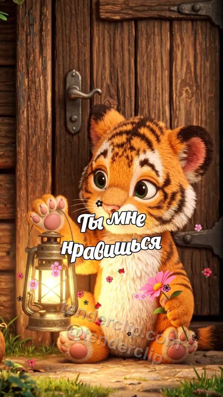 Анимационная открытка на тему Ты мне нравишься: тигрёнок смущается с фонариком