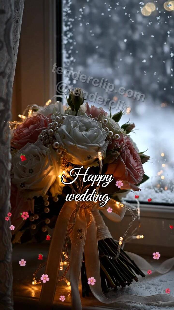 Animated greeting card about Happy wedding: small light waits at a window