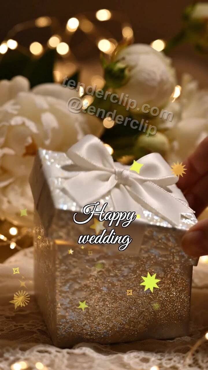 Animated greeting card about Happy wedding: gift box shyly opens
